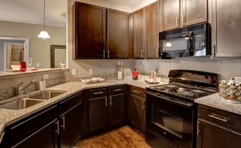 Kitchen, granite countertops, wood-like flooring, black appliances, dark wooden cabinets
